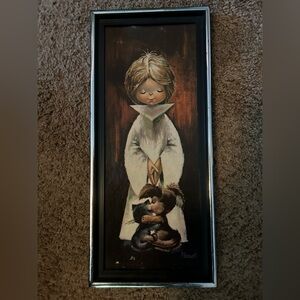 I. Vemet Mid Century 1960’s Framed Lithograph Altar Boy with Kitten/Puppy
